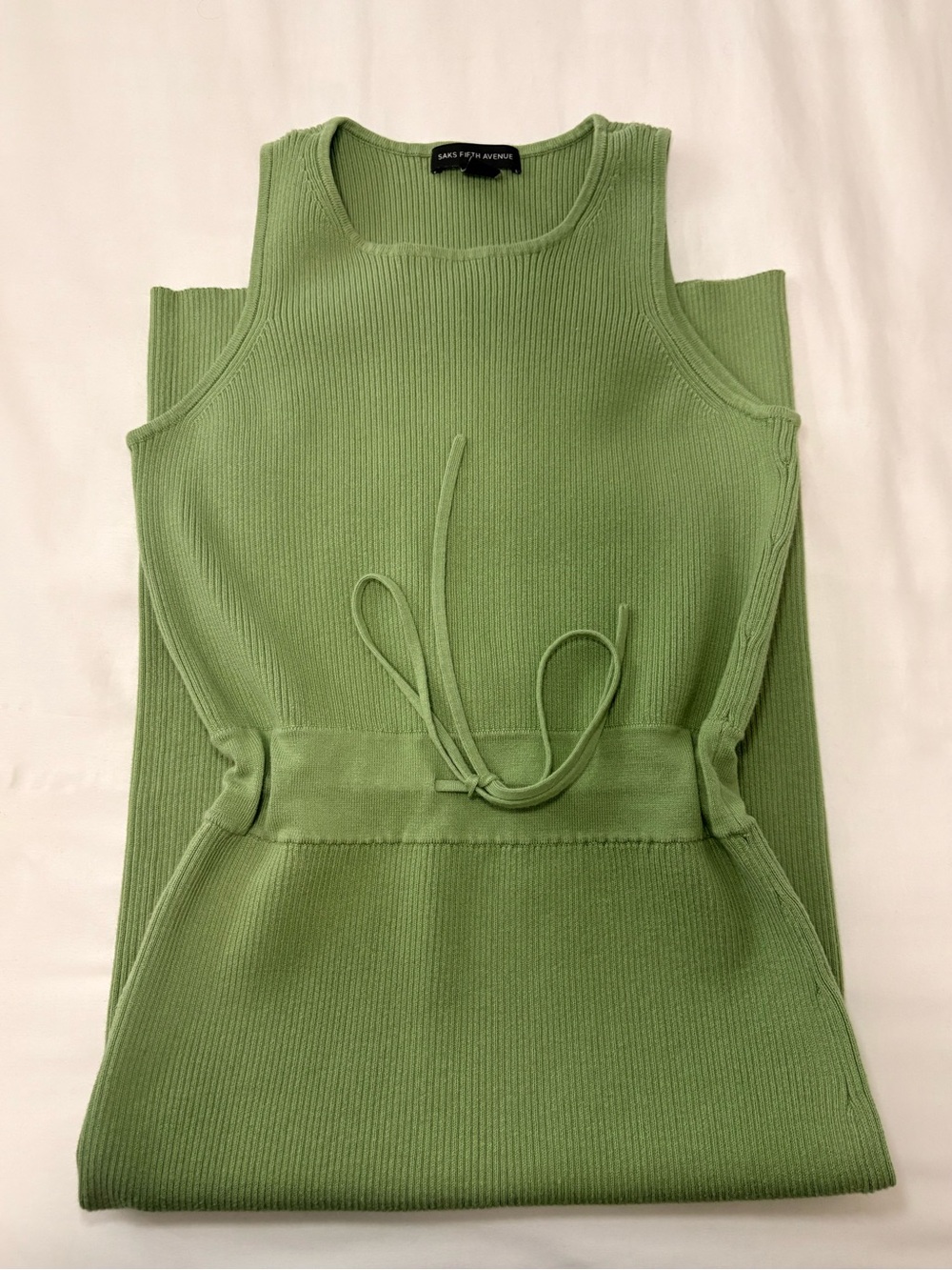 Saks Fifth Avenue Olive Green Ribbed Tank Midi Dress with Tie Waist - Picture 3 of 5